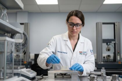 Ingénieure matériaux réalisant un essai stick-slip sur tribomètre en laboratoire