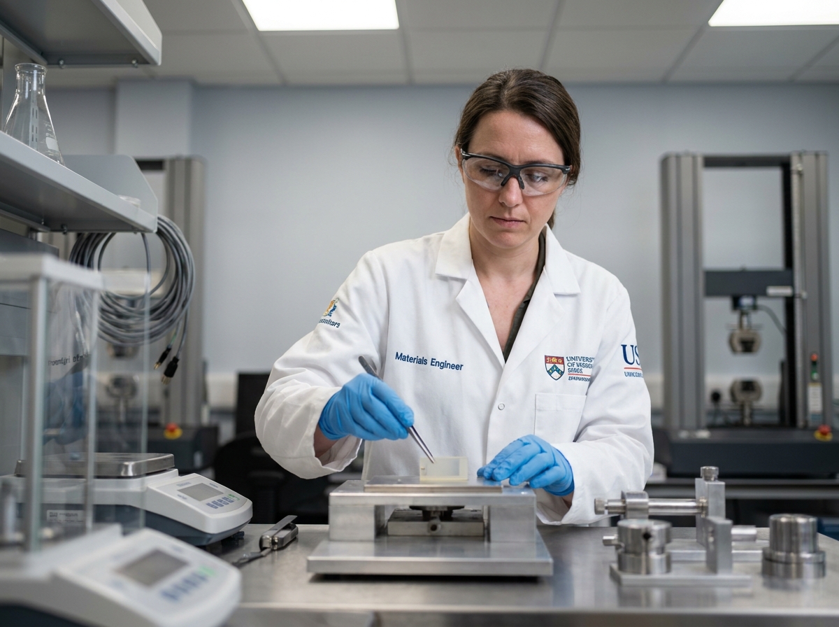Ingénieure matériaux réalisant un essai stick-slip sur tribomètre en laboratoire
