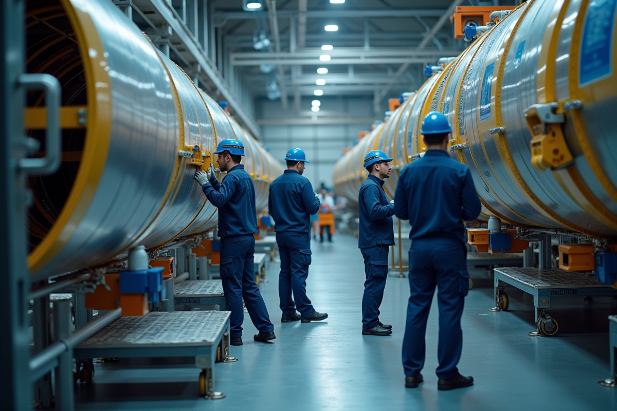 Ingénieurs en aérospatiale travaillant sur une fusée Ariane 6 dans une usine moderne