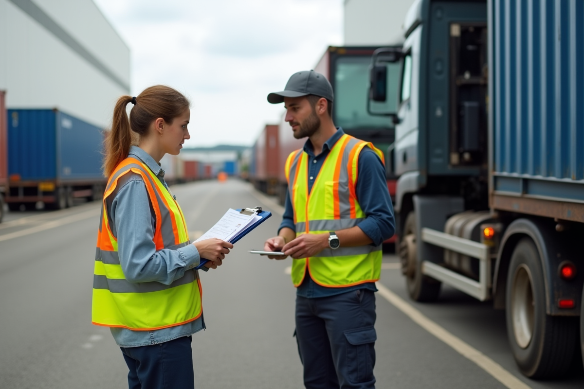 Jeune femme inspectant un document près d’un camion de livraison
