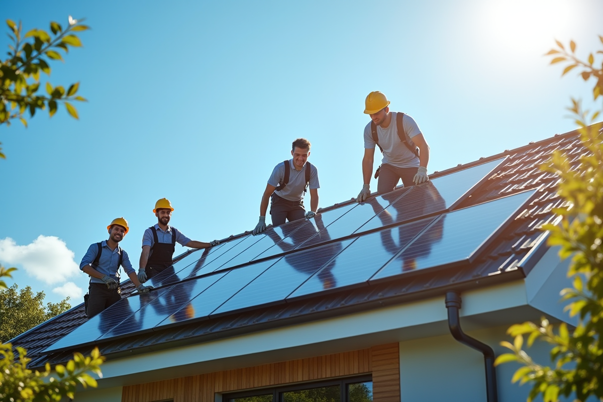 Équipe installant des panneaux solaires sur une maison moderne