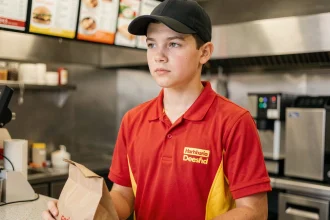 Jeune employé de 16 ans en uniforme de fast-food tenant un sac de commande derrière un comptoir