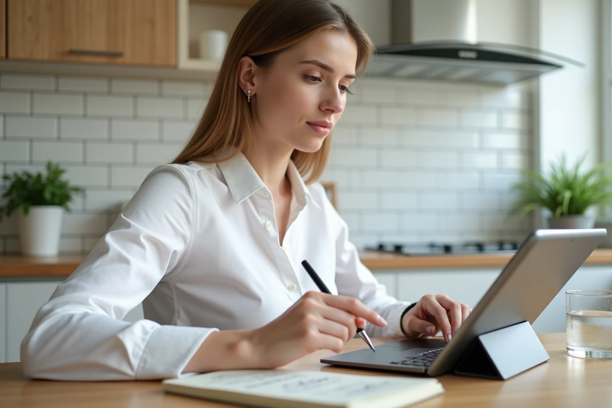 Jeune enseignante consultant son bulletin de salaire Ensap sur une tablette avec un carnet de notes à la maison