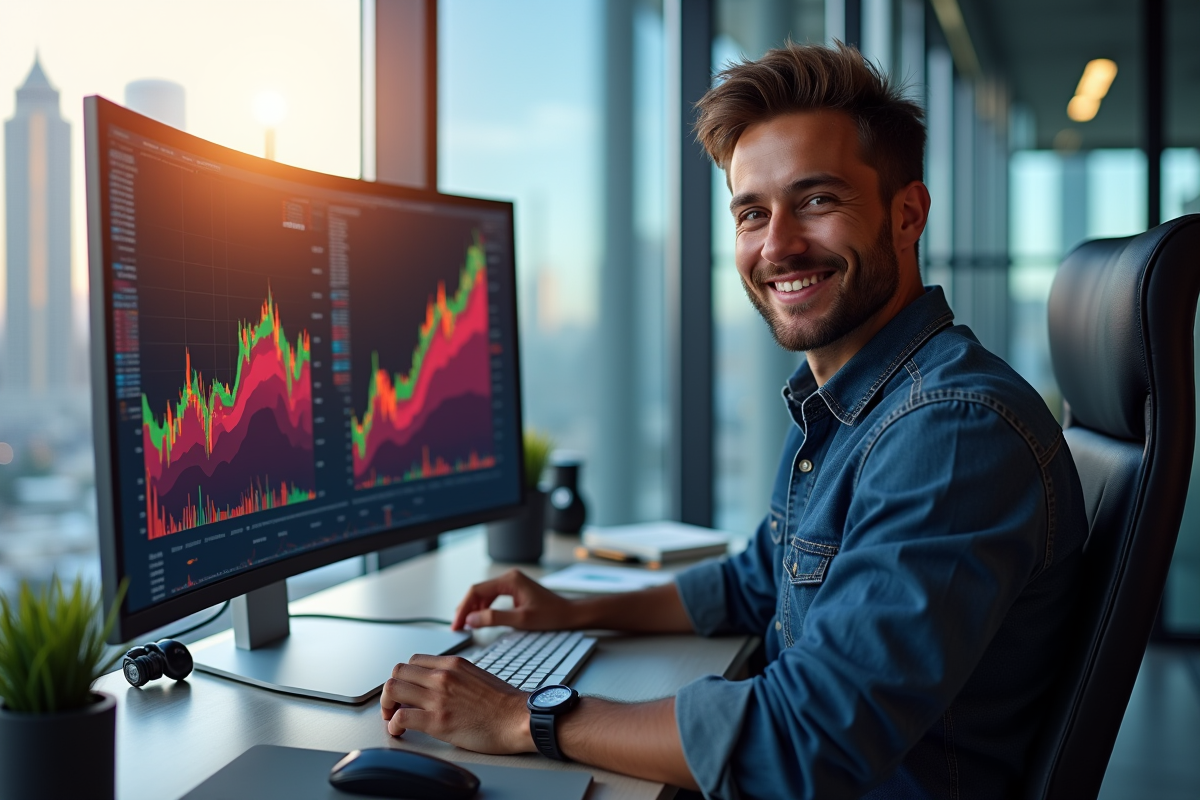Jeune entrepreneur confiant dans un bureau moderne avec écrans crypto