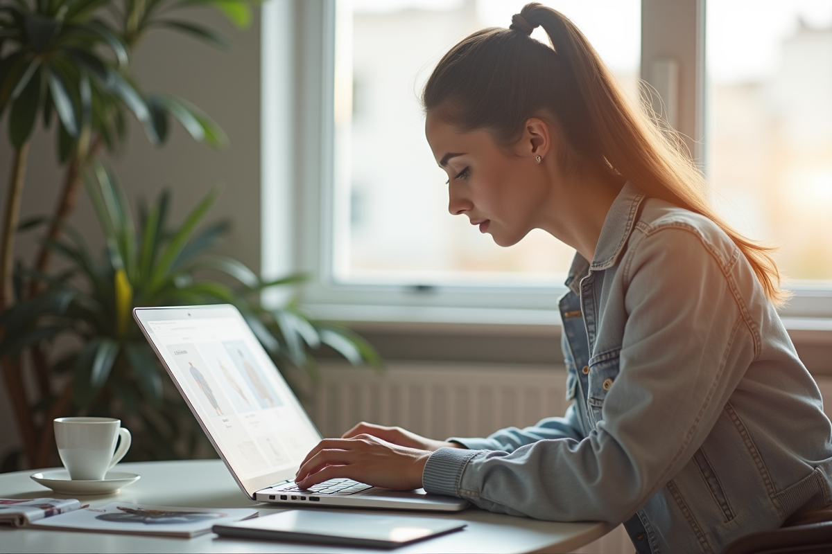 Jeune femme stylée naviguant sur Zalando dans un salon lumineux