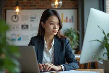 Jeune femme professionnelle travaillant sur un ordinateur dans un bureau moderne