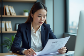 Jeune femme en bureau examinant un rapport CPON