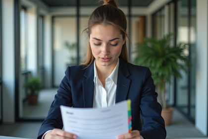 Jeune femme en bureau tenant des documents avec onglets colorés