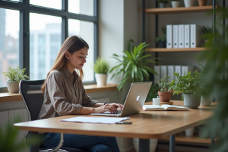 Jeune femme au bureau utilisant un ordinateur portable