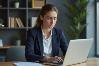 Jeune femme au bureau utilisant un ordinateur portable