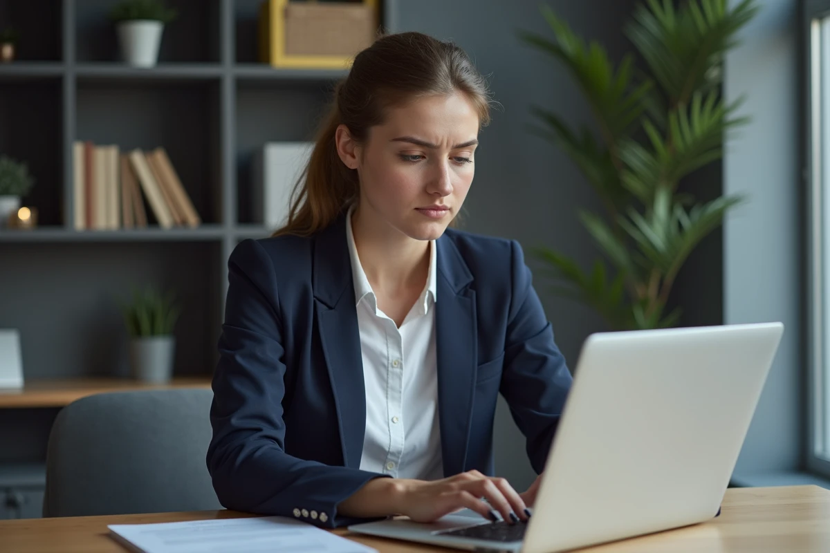 Jeune femme en blazer blanc travaillant sur son ordinateur