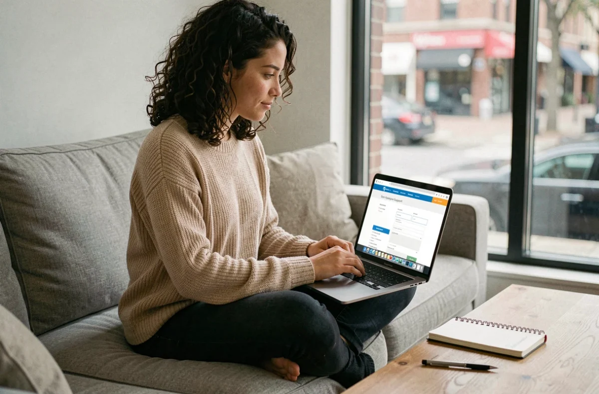 Jeune femme consultant le site elevetonbiz.fr pour préparer sa demande d'aide à la création d'entreprise depuis chez elle