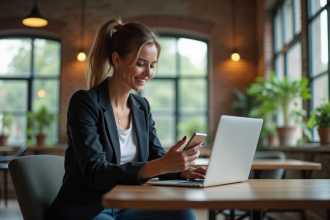 Jeune femme en coworking urbain avec ordinateur et smartphone