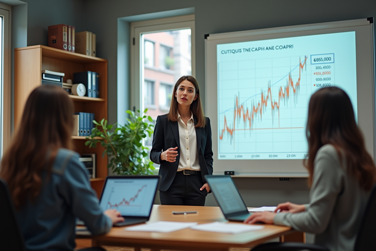 Jeune femme en réunion avec graphique financier