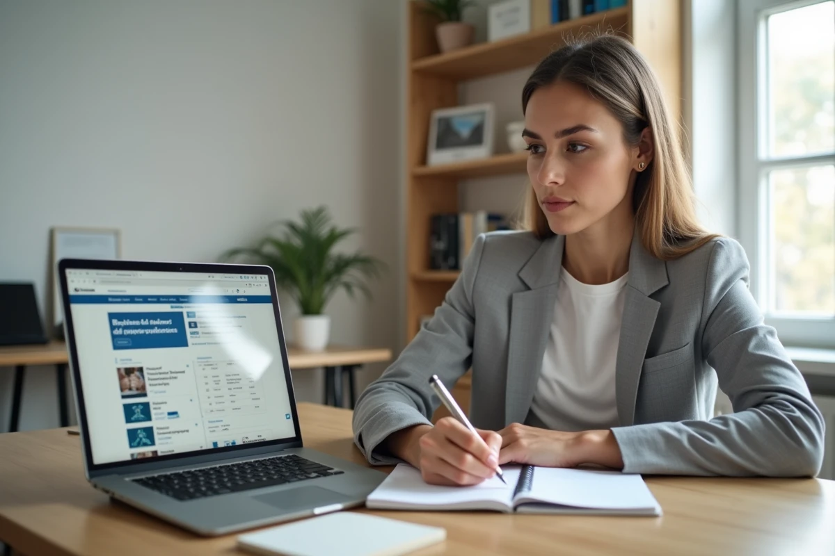 Jeune femme entrepreneur consultant un guide business en ligne sur son ordinateur portable pour éviter les erreurs classiques des débutants
