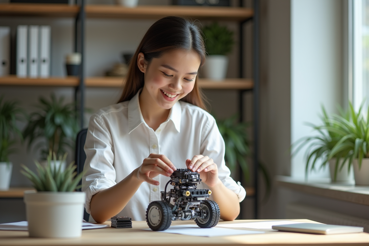 Jeune ingénieure assemble un robot dans un espace moderne