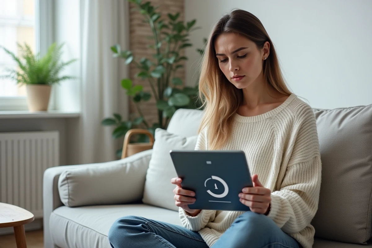 Jeune femme sur un canapé tenant une tablette avec une page de connexion qui ne répond pas
