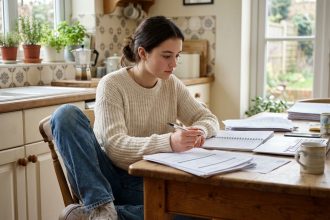 Jeune femme remplissant un dossier d'université à la maison