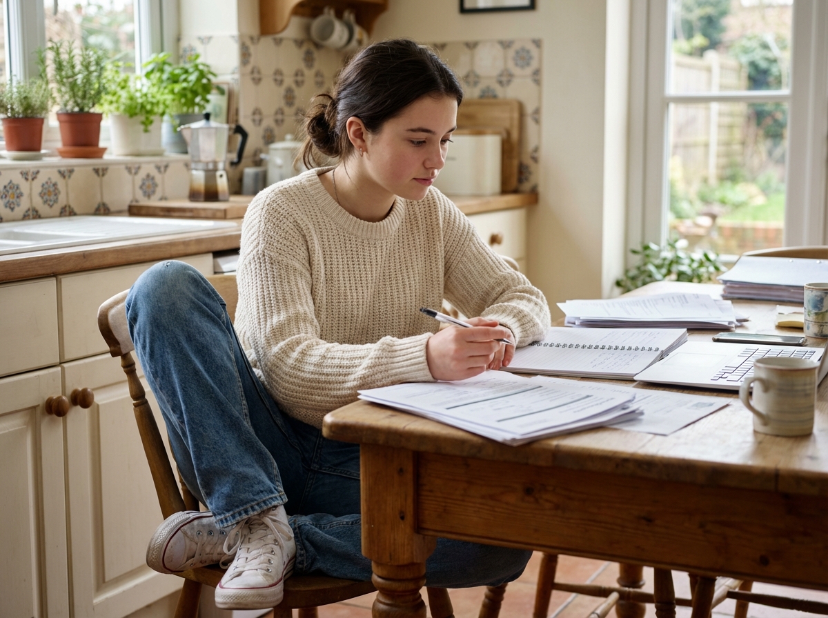 Jeune femme remplissant un dossier d'université à la maison