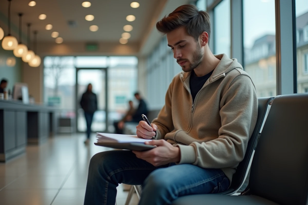 Jeune homme en sweater regardant un dossier dans une salle d