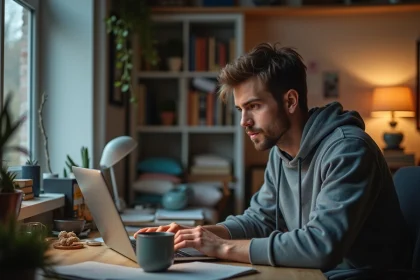 Jeune homme concentr&eacute; sur un forum internet dans son bureau