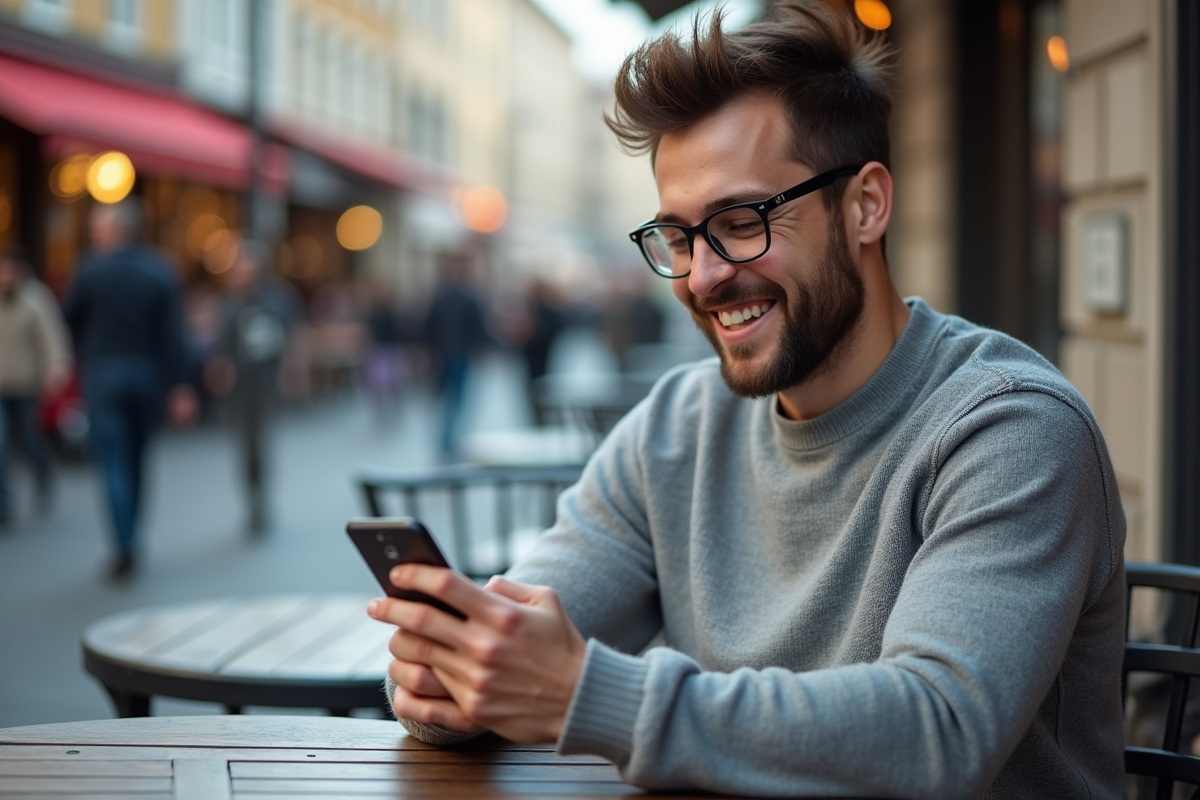 Jeune homme regardant son smartphone en terrasse de café urbain