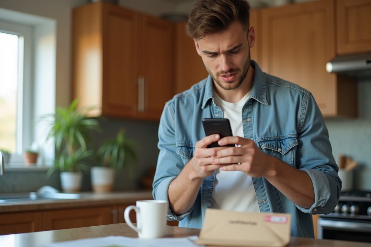 Jeune homme dans la cuisine regardant son smartphone