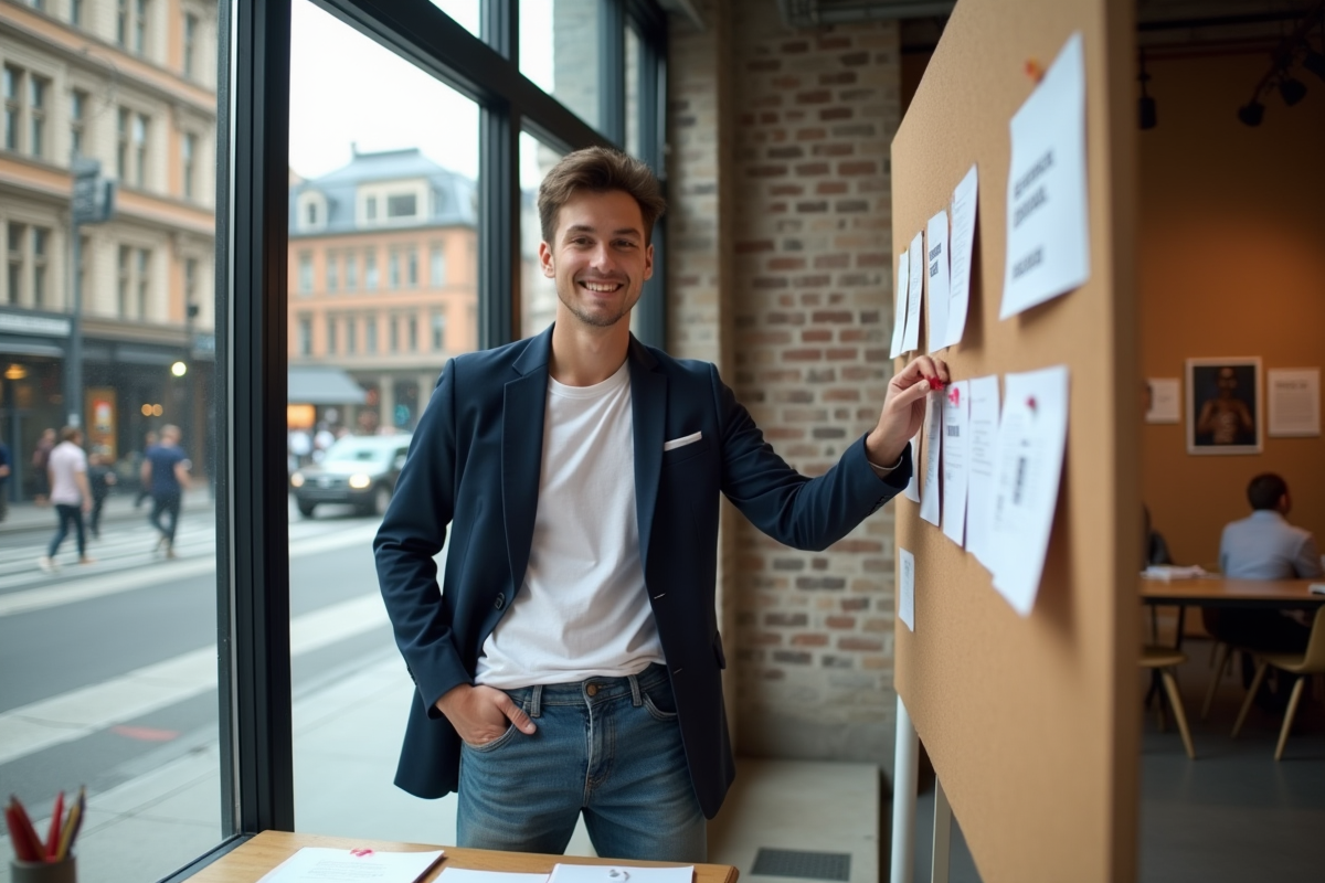 Jeune homme affichant des mood boards dans un studio créatif