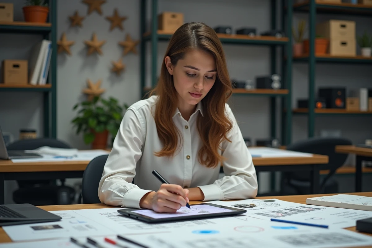 Jeune ing&eacute;nieure esquissant des id&eacute;es sur une tablette dans un atelier