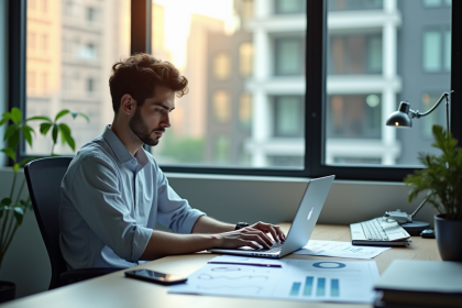 Jeune professionnel au bureau avec ordinateur et graphiques
