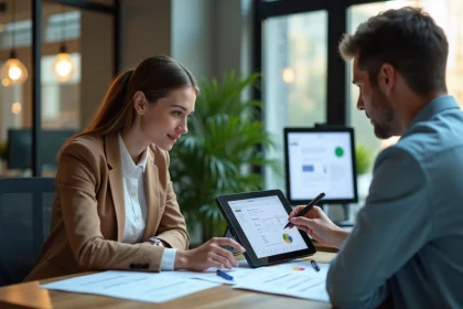 Jeune femme professionnelle collaborant avec un coll&egrave;gue au bureau