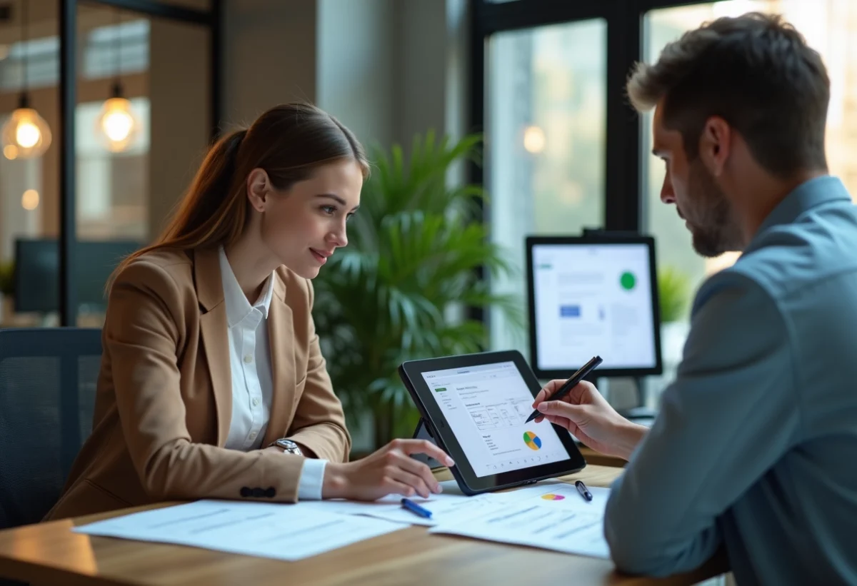 Jeune femme professionnelle collaborant avec un collègue au bureau