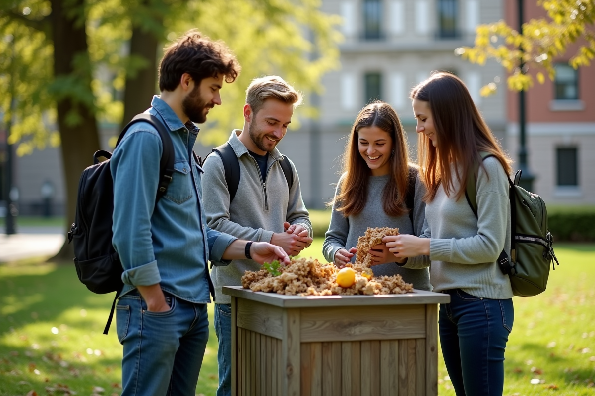 Étudiants en jeans examinant compost dans parc urbain