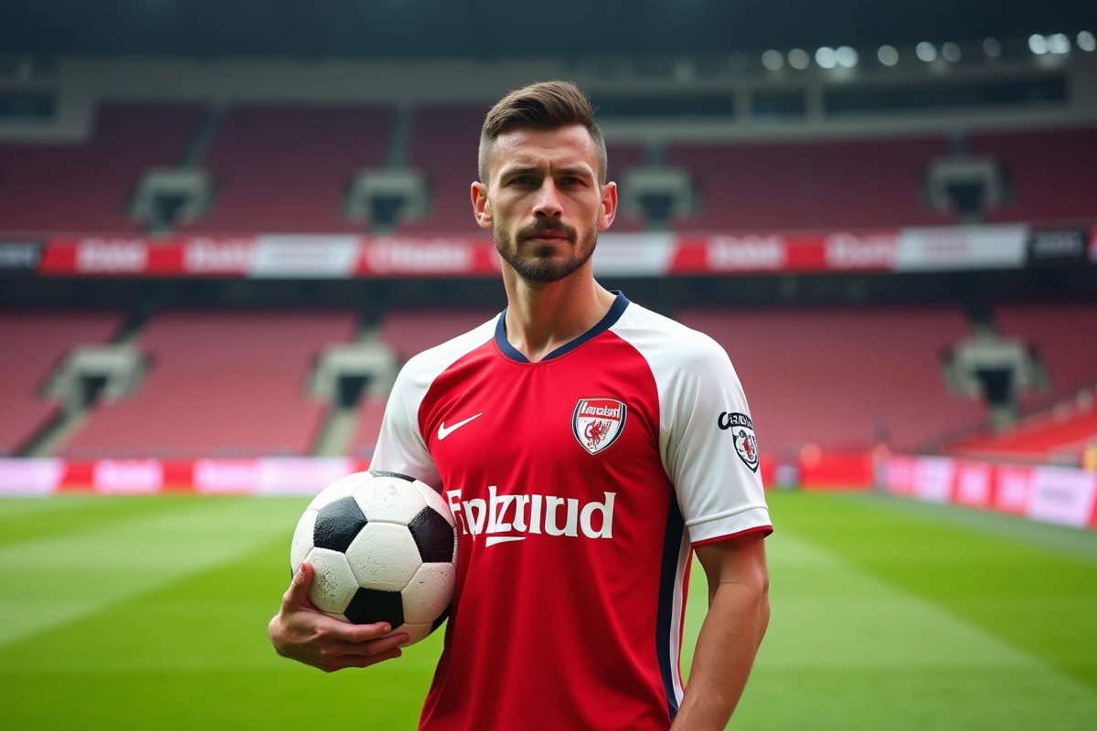 Joueur de football professionnel en maillot avec logo de sponsor sur la poitrine, posant sur la pelouse d'un stade lors d'un événement de communication sportive