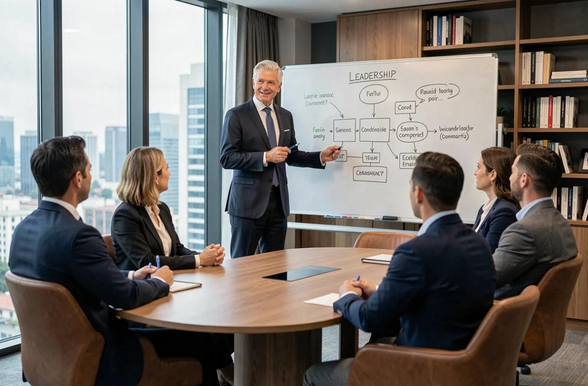 Consultant senior de Korn Ferry présentant un cadre de leadership à des dirigeants dans une salle de conseil