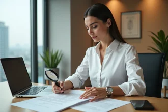 Professionnelle examinant des documents de licence pour l'utilisation du logo Omega en contexte commercial