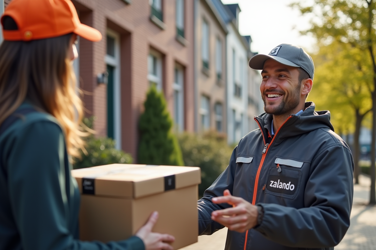 Livreur souriant remettant un colis Zalando devant une maison belge