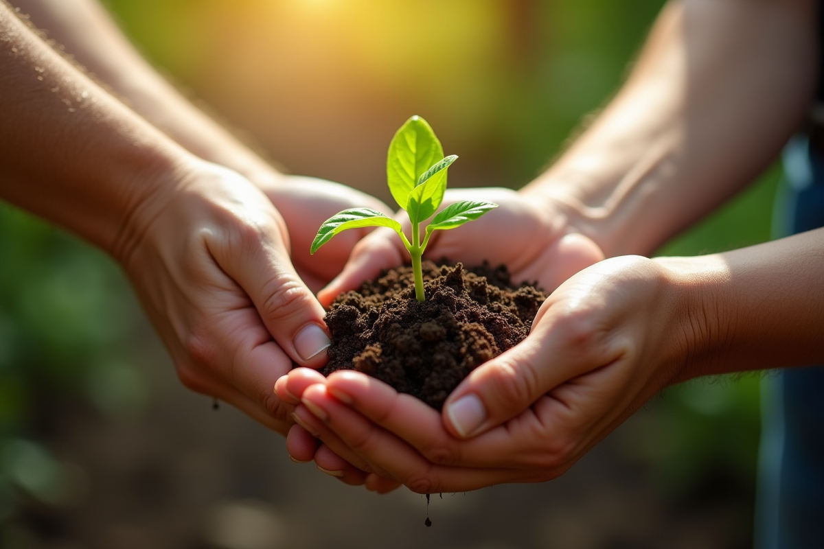 Trois mains de générations différentes tenant une plante verte