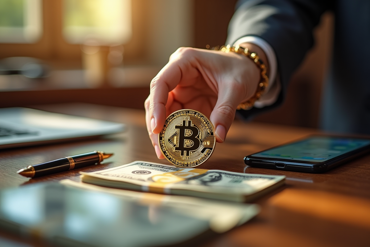Main tenant un jeton Bitcoin doré au-dessus d