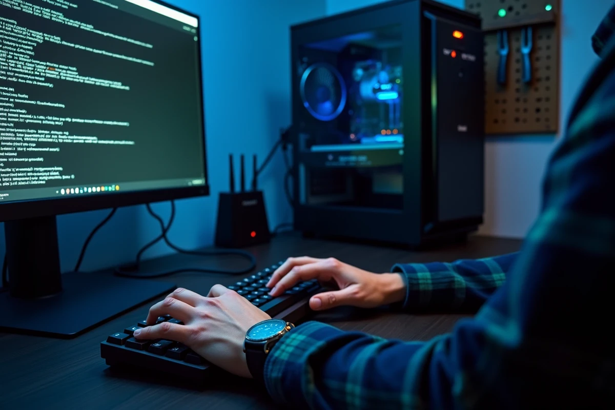 Mains tapant sur un clavier mécanique devant un terminal Linux en ligne de commande pour résoudre un problème de connexion Mabox RH