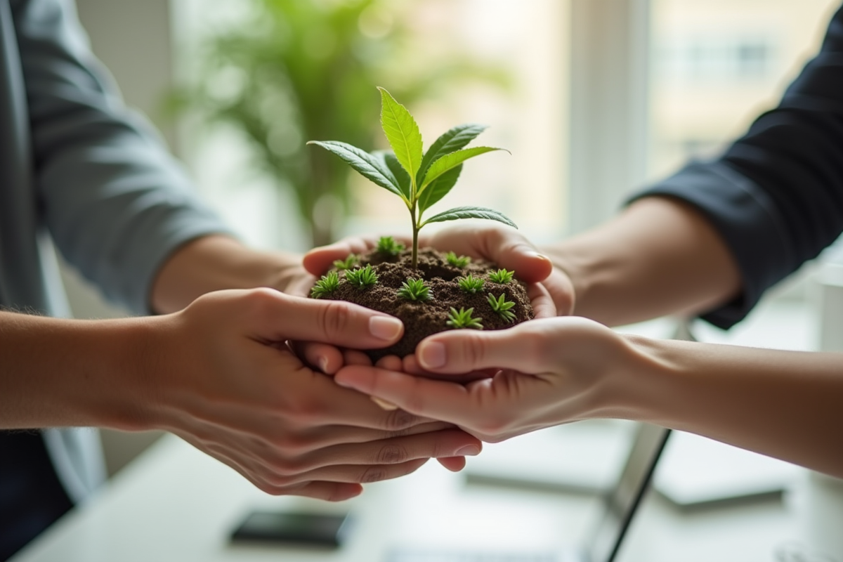 Mains entrelacees de couleurs differentes tenant des objets de durabilite economique et environnementale