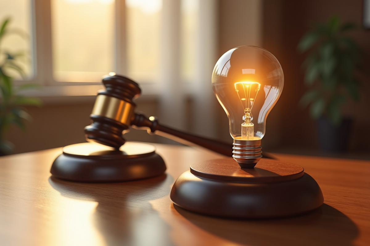 Marteau de juge et ampoule sur bureau ensoleille