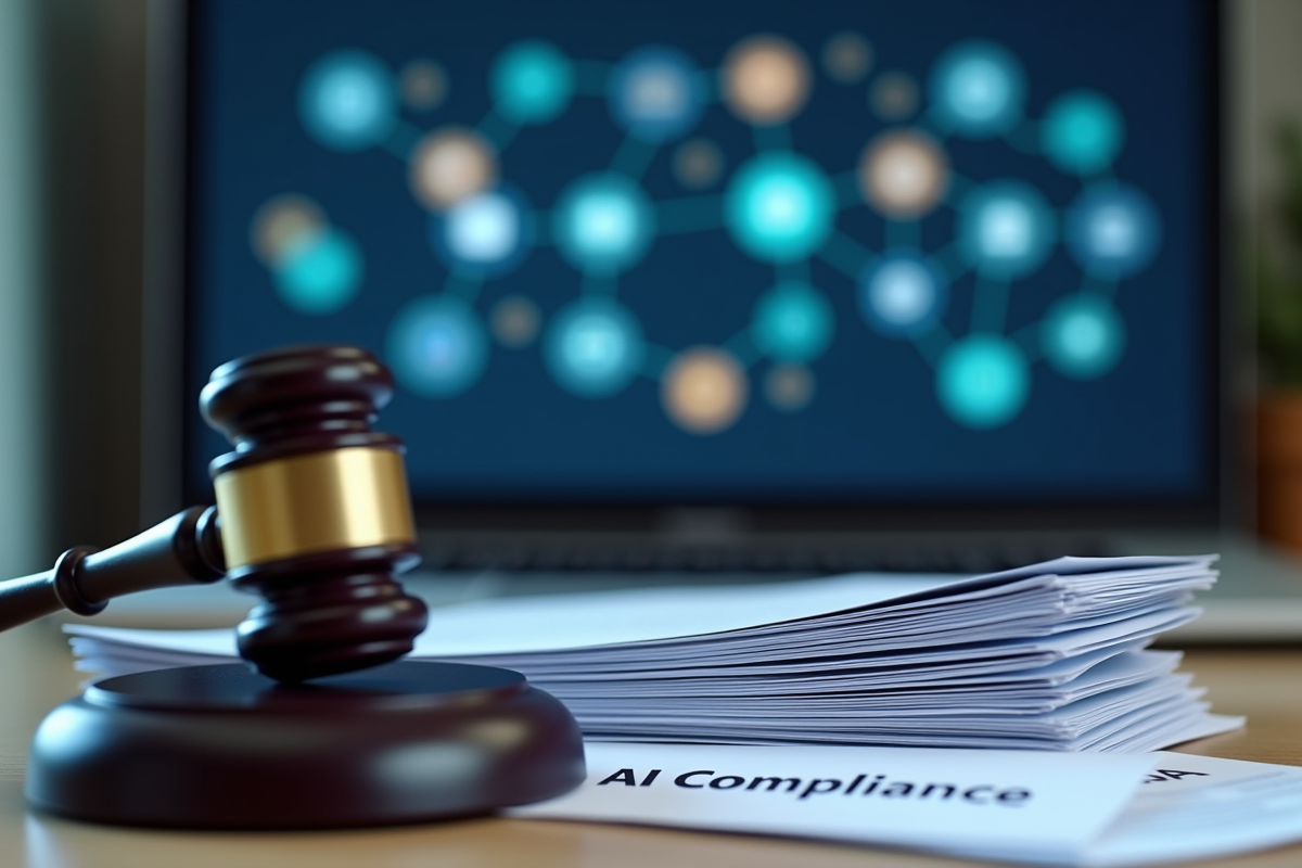 Gourdin de justice sur documents AI conformité avec écran d