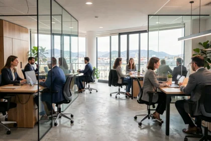 Vue d'ensemble d'un cabinet de recrutement moderne à Lyon avec des professionnels en entretien dans un espace de travail contemporain