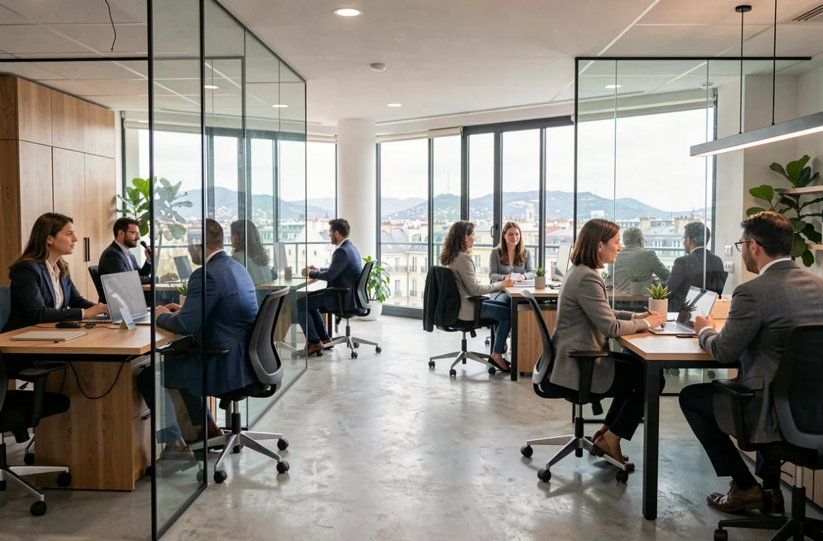 Vue d'ensemble d'un cabinet de recrutement moderne à Lyon avec des professionnels en entretien dans un espace de travail contemporain