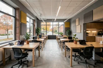 Vue panoramique d'un espace de coworking moderne dans le Val-d'Oise avec bureaux en bois, plantes et grandes fenêtres