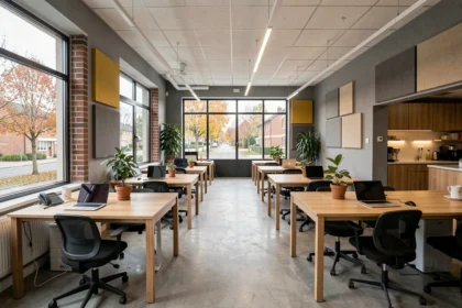 Vue panoramique d'un espace de coworking moderne dans le Val-d'Oise avec bureaux en bois, plantes et grandes fenêtres
