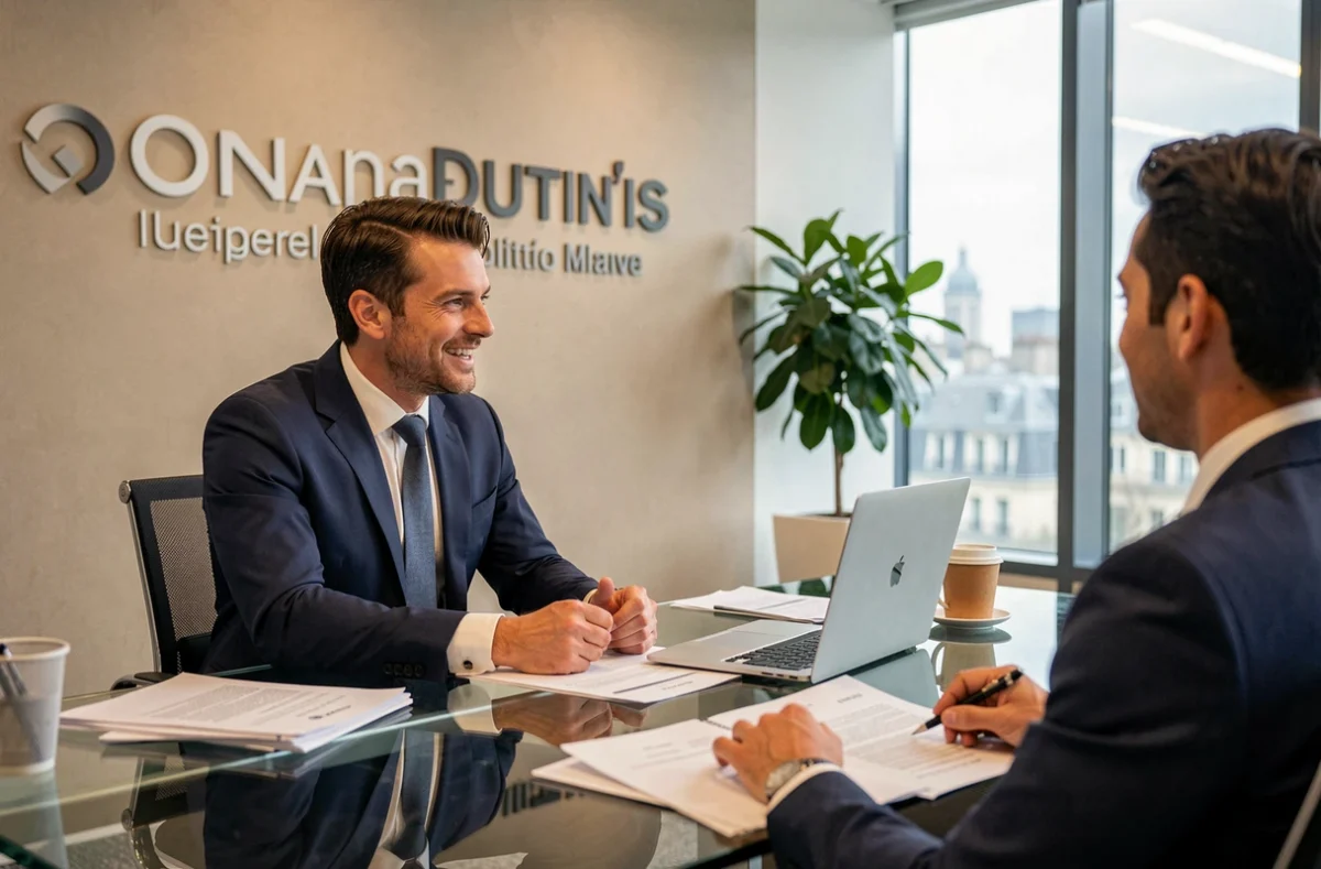 Recruteur de Michael Page en entretien avec un candidat dans un bureau corporate moderne