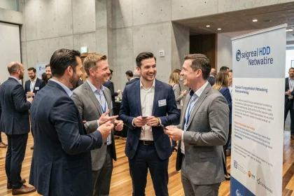 Groupe de professionnels en networking lors d'un événement d'entreprise Lesentreprisesfrenchy 2026 dans une salle de conférence moderne