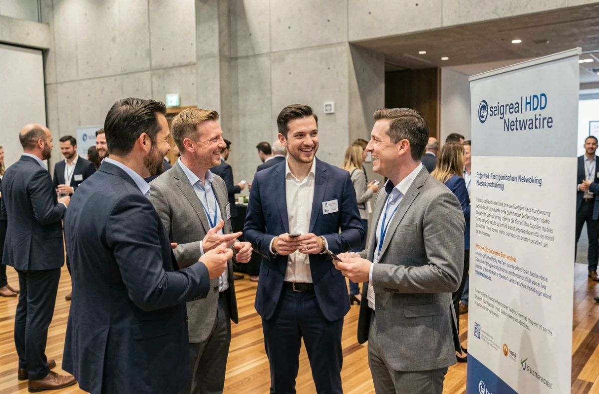 Groupe de professionnels en networking lors d'un événement d'entreprise Lesentreprisesfrenchy 2026 dans une salle de conférence moderne